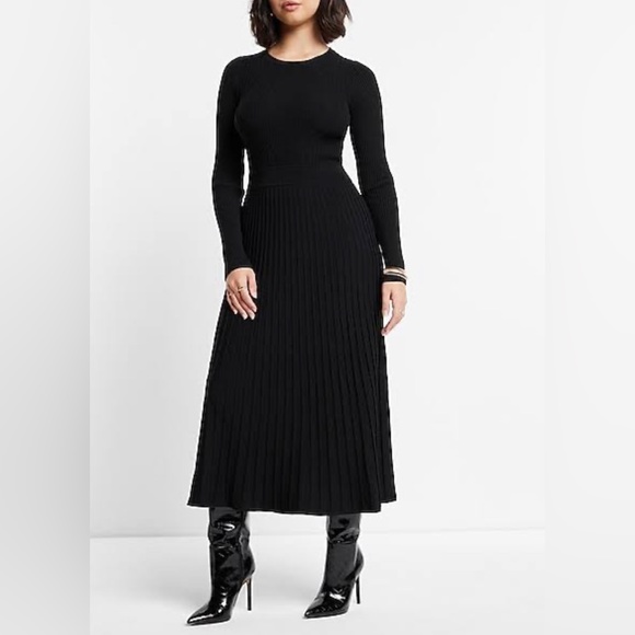 EXPRESS - long sleeve pleated ribbed midi sweater dress - Picture 3 of 3